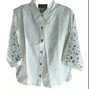 Bob Mackie Button Up Top Size S Linen Rayon Embroidered Wearable Art 3/4 Sleeve